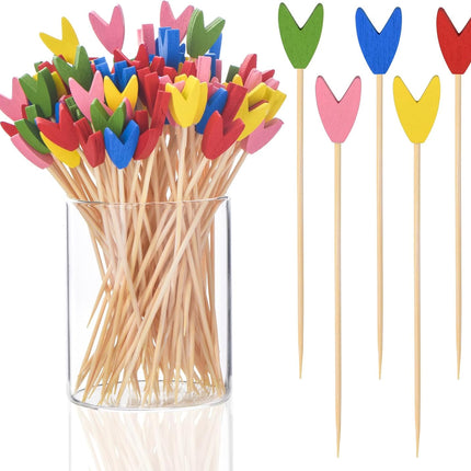 100 Pack Tulip Toothpicks for Appetizers, 4.7 Inch Natural Bamboo Cocktail Picks for Cake Dessert Food Picks Wedding Birthday Party Decoration.