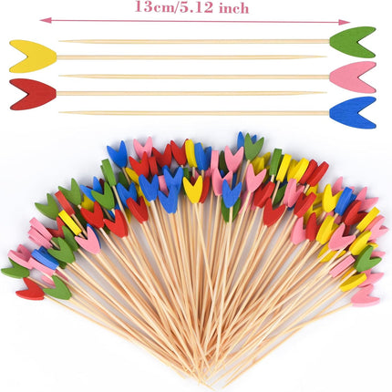 100 Pack Tulip Toothpicks for Appetizers, 4.7 Inch Natural Bamboo Cocktail Picks for Cake Dessert Food Picks Wedding Birthday Party Decoration.