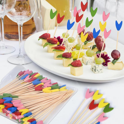 100 Pack Tulip Toothpicks for Appetizers, 4.7 Inch Natural Bamboo Cocktail Picks for Cake Dessert Food Picks Wedding Birthday Party Decoration.