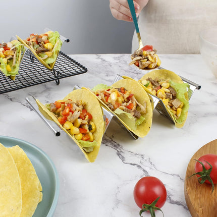 4 Pack Stainless Steel Taco Holders, Premium Taco Stands, Holds 2 Or 3 Tacos Each Taco Tray, Taco Rack With Easy-Access Handle, Food Grade Taco Plate Shells Oven & Grill Safe, BPA Free(Hollow).