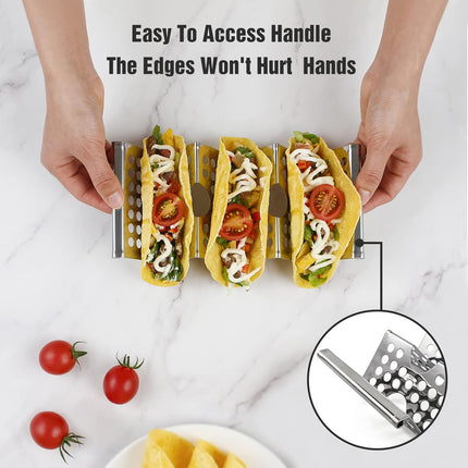 4 Pack Stainless Steel Taco Holders, Premium Taco Stands, Holds 2 Or 3 Tacos Each Taco Tray, Taco Rack With Easy-Access Handle, Food Grade Taco Plate Shells Oven & Grill Safe, BPA Free(Hollow).