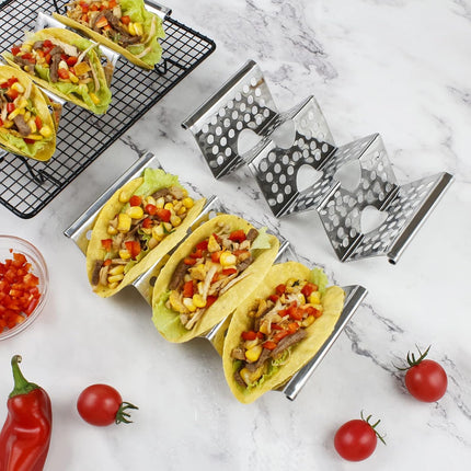4 Pack Stainless Steel Taco Holders, Premium Taco Stands, Holds 2 Or 3 Tacos Each Taco Tray, Taco Rack With Easy-Access Handle, Food Grade Taco Plate Shells Oven & Grill Safe, BPA Free(Hollow).