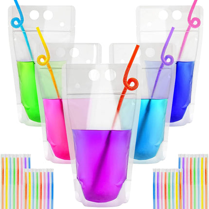 44 Drink Pouches with Straws Individually-Wrapped - 17oz Juice Drink Pouches Adults Alcohol Clear Plastic Halloween Blood Bag Reusable Cocktail Liquor Liquid Smoothie Party Hot Weather Cooling.