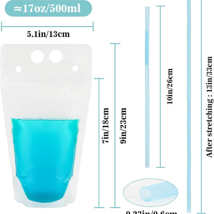 44 Drink Pouches with Straws Individually-Wrapped - 17oz Juice Drink Pouches Adults Alcohol Clear Plastic Halloween Blood Bag Reusable Cocktail Liquor Liquid Smoothie Party Hot Weather Cooling.