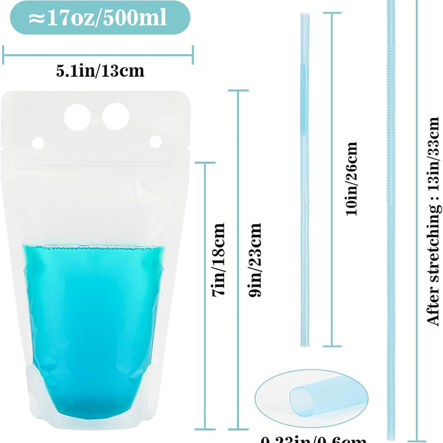 44 Drink Pouches with Straws Individually-Wrapped - 17oz Juice Drink Pouches Adults Alcohol Clear Plastic Halloween Blood Bag Reusable Cocktail Liquor Liquid Smoothie Party Hot Weather Cooling.