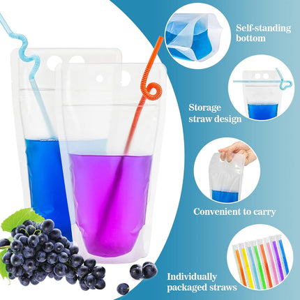 44 Drink Pouches with Straws Individually-Wrapped - 17oz Juice Drink Pouches Adults Alcohol Clear Plastic Halloween Blood Bag Reusable Cocktail Liquor Liquid Smoothie Party Hot Weather Cooling.