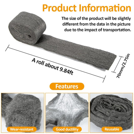 Steel Wool 0000 15oz(30ft) - 0000 Steel Wool for Glass Fine Steel Pads for Chrome or Wood Polishing Weep Hole Covers for Brick Walls Fill Fabric l Fabric Pad Mice Control.