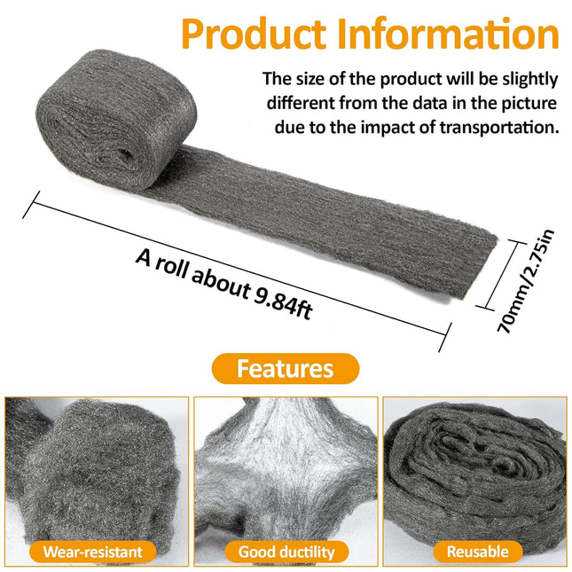 Steel Wool 0000 15oz(30ft) - 0000 Steel Wool for Glass Fine Steel Pads for Chrome or Wood Polishing Weep Hole Covers for Brick Walls Fill Fabric l Fabric Pad Mice Control.