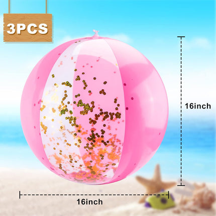 16 Inch Inflatable Beach Balls, 3 Pack Glitter Beach Balls Pool Toys with Confetti Sparkling Balls for Kids Toddlers Adults Summer Pool Party Favors.