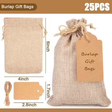 25PCS Small Burlap Gift Bags With Drawstring, 4x6 Inch Small Linen Sack Bags Jewelry Pouches for Wedding Party Favors DIY Crafts.