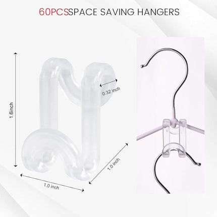 Hanger Hooks Space Saving, 60PCS Clothes Hanger Connector Hooks Closet Space Savers for Hanging Clothes, Clear.