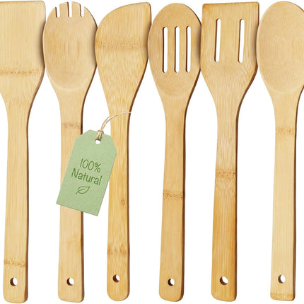 Bamboo Wooden Spoons for Cooking 6-Piece, Nonstick Bamboo Kitchen Utensils Set Wood Spatulas Spoons for Daily Use, Housewarming Gifts.