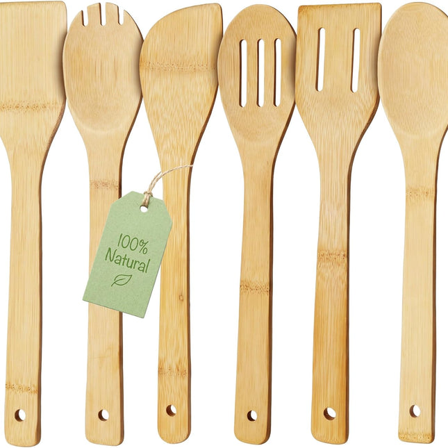 Bamboo Wooden Spoons for Cooking 6-Piece, Nonstick Bamboo Kitchen Utensils Set Wood Spatulas Spoons for Daily Use, Housewarming Gifts.