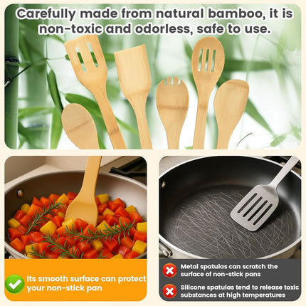 Bamboo Wooden Spoons for Cooking 6-Piece, Nonstick Bamboo Kitchen Utensils Set Wood Spatulas Spoons for Daily Use, Housewarming Gifts.