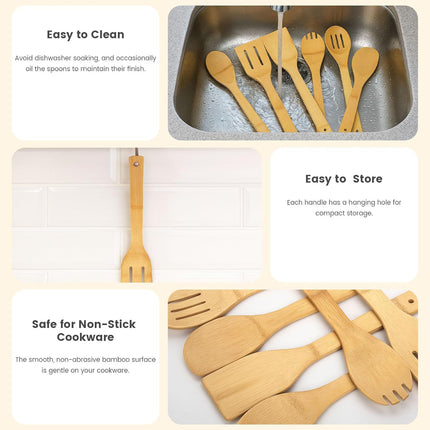 Bamboo Wooden Spoons for Cooking 6-Piece, Nonstick Bamboo Kitchen Utensils Set Wood Spatulas Spoons for Daily Use, Housewarming Gifts.