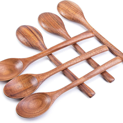 Wooden Spoons for Eating, 8.2 Inch Wood Mixing Soup Spoon with Long Handle for Korean Food Daily Meal Stirring Sauce Coffee, 6PCS.