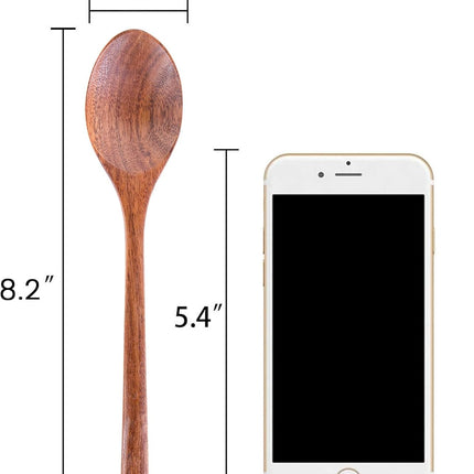 Wooden Spoons for Eating, 8.2 Inch Wood Mixing Soup Spoon with Long Handle for Korean Food Daily Meal Stirring Sauce Coffee, 6PCS.