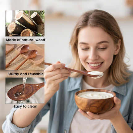 Wooden Spoons for Eating, 8.2 Inch Wood Mixing Soup Spoon with Long Handle for Korean Food Daily Meal Stirring Sauce Coffee, 6PCS.