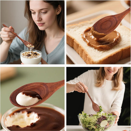 Wooden Spoons for Eating, 8.2 Inch Wood Mixing Soup Spoon with Long Handle for Korean Food Daily Meal Stirring Sauce Coffee, 6PCS.