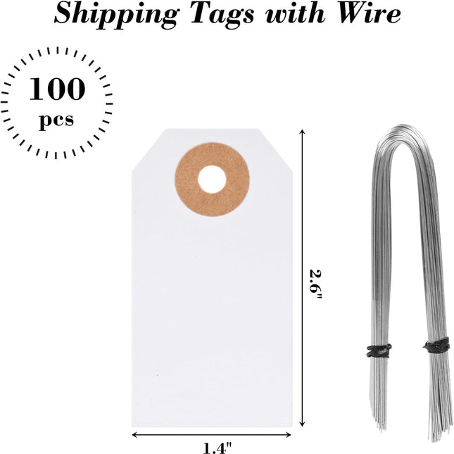 Blank Pricing Tags with Wire, 100 PCS Manila Shipping Tags 2 3/4" x 1 3/8", Blank Wire Labels for Garage Sales, Inventory Machinery, Vintage Clothing, Jewelry Pricing, White.