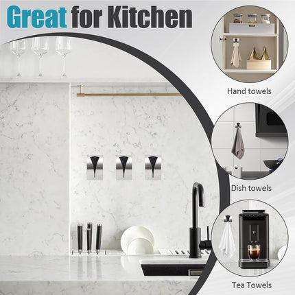 3 Pack Stainless Steel Kitchen Towel Hooks for Shower Wall Bathroom Self Adhesive Dish Towel Holder Hangers for Tea Cabinet Door Rag Grabber (Silver).