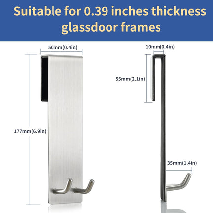 Shower Door Towel Hook Extended Length, No Drilling & Adhesive Needed Stainless Steel Bathroom Hangers for Frameless Shower Stall Wall.