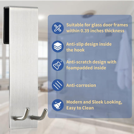 Shower Door Towel Hook Extended Length, No Drilling & Adhesive Needed Stainless Steel Bathroom Hangers for Frameless Shower Stall Wall.