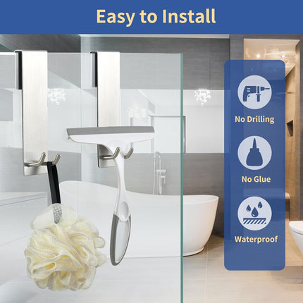 Shower Door Towel Hook Extended Length, No Drilling & Adhesive Needed Stainless Steel Bathroom Hangers for Frameless Shower Stall Wall.