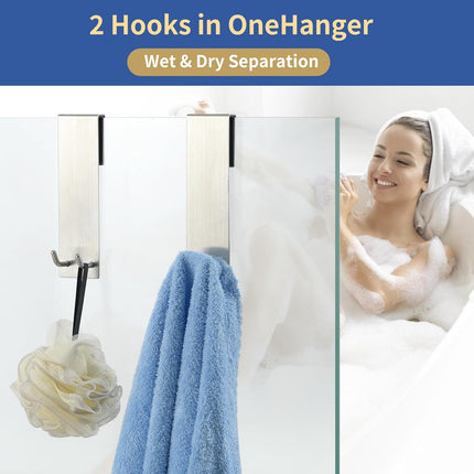 Shower Door Towel Hook Extended Length, No Drilling & Adhesive Needed Stainless Steel Bathroom Hangers for Frameless Shower Stall Wall.