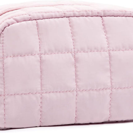 Makeup Bag, Quilted Puffy Travel Toiletry Bag with Compartments, Wide-Open Cosmetic Bag for Women, Pouch Purse Organizer, Pink.