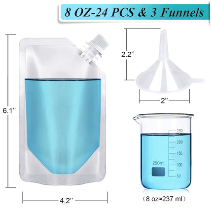 24 Pcs Plastic Flasks, 8 Oz Concealable and Reusable Drink Pouches, Leak-Proof Food Grade Plastic for Travel (8OZ-24PCS +3 Funnels).