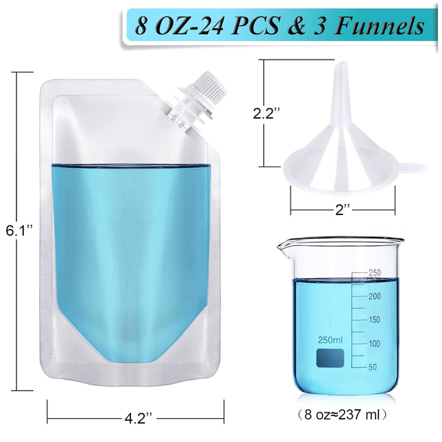 24 Pcs Plastic Flasks, 8 Oz Concealable and Reusable Drink Pouches, Leak-Proof Food Grade Plastic for Travel (8OZ-24PCS +3 Funnels).