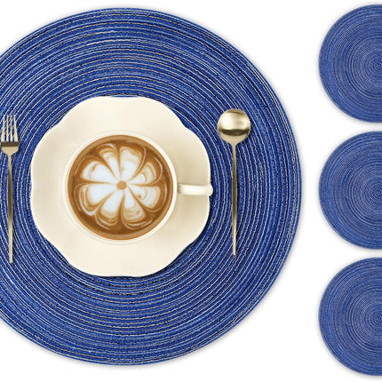 Round Braided Placemats 15inch, Placemats Set of 4 Non-Slip, Round Placemats Heat Resistant, Woven Placemats for Kitchen Dining Tables-Dark Blue Color.