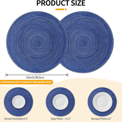 Round Braided Placemats 15inch, Placemats Set of 4 Non-Slip, Round Placemats Heat Resistant, Woven Placemats for Kitchen Dining Tables-Dark Blue Color.