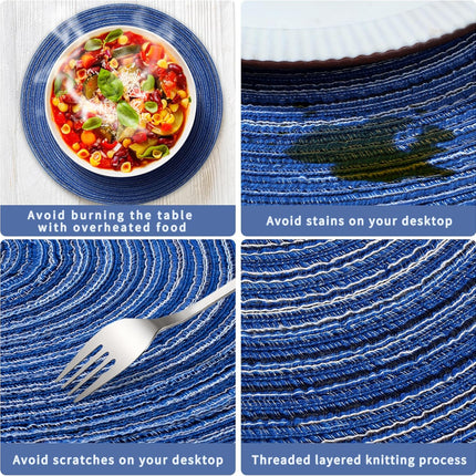 Round Braided Placemats 15inch, Placemats Set of 4 Non-Slip, Round Placemats Heat Resistant, Woven Placemats for Kitchen Dining Tables-Dark Blue Color.