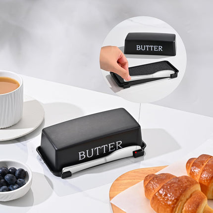 Butter Dish With Cover And Knife,Food Grade Plastic Butter Holder With Lid For Countertop,Black Dishwasher Safe Butter Storage Container.