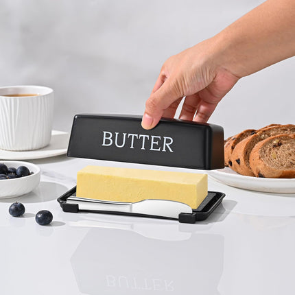 Butter Dish With Cover And Knife,Food Grade Plastic Butter Holder With Lid For Countertop,Black Dishwasher Safe Butter Storage Container.