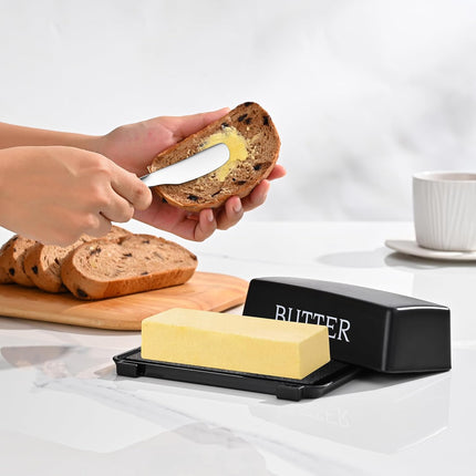 Butter Dish With Cover And Knife,Food Grade Plastic Butter Holder With Lid For Countertop,Black Dishwasher Safe Butter Storage Container.