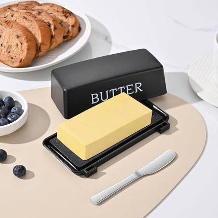 Butter Dish With Cover And Knife,Food Grade Plastic Butter Holder With Lid For Countertop,Black Dishwasher Safe Butter Storage Container.