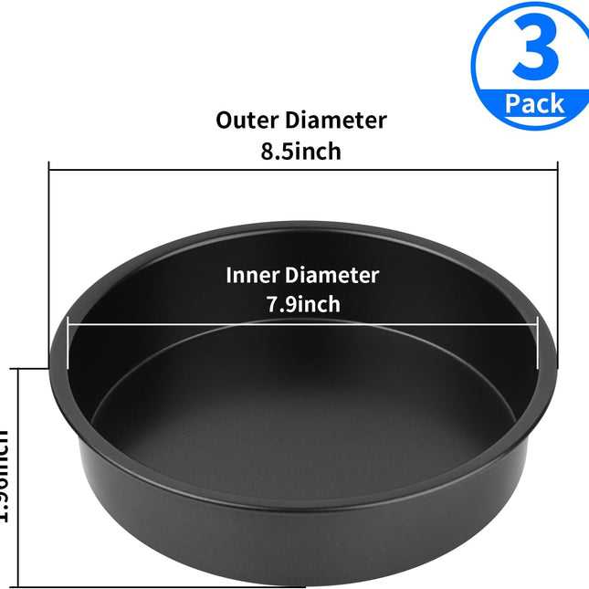 8” Round Cake Pans - 3PCS Nonstick Round Baking Cake Pan, Mold,Dish, Flan, Tin, Carbon Steel Baking Set, Essential Bakeware.