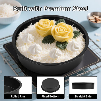 8” Round Cake Pans - 3PCS Nonstick Round Baking Cake Pan, Mold,Dish, Flan, Tin, Carbon Steel Baking Set, Essential Bakeware.