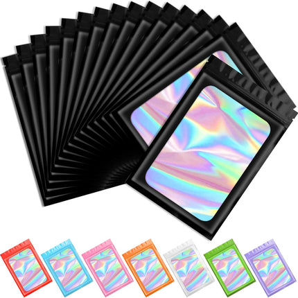100 pcs Black Mylar Holographic Bags Packaging Bags,Clear Resealable Bag Foil Pouch Bag for Food Storage and Lipgloss,Jewelry,Eyelash Packaging for Small Business(2.4x3.9Inch).