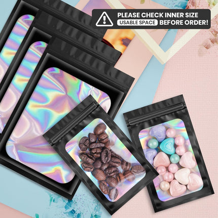 100 pcs Black Mylar Holographic Bags Packaging Bags,Clear Resealable Bag Foil Pouch Bag for Food Storage and Lipgloss,Jewelry,Eyelash Packaging for Small Business(2.4x3.9Inch).