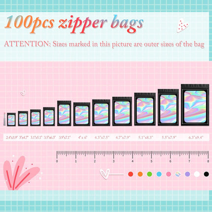 100 pcs Black Mylar Holographic Bags Packaging Bags,Clear Resealable Bag Foil Pouch Bag for Food Storage and Lipgloss,Jewelry,Eyelash Packaging for Small Business(2.4x3.9Inch).