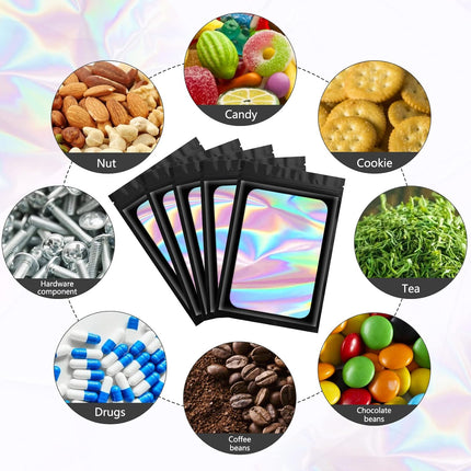 100 pcs Black Mylar Holographic Bags Packaging Bags,Clear Resealable Bag Foil Pouch Bag for Food Storage and Lipgloss,Jewelry,Eyelash Packaging for Small Business(2.4x3.9Inch).