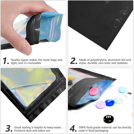 100 pcs Black Mylar Holographic Bags Packaging Bags,Clear Resealable Bag Foil Pouch Bag for Food Storage and Lipgloss,Jewelry,Eyelash Packaging for Small Business(2.4x3.9Inch).