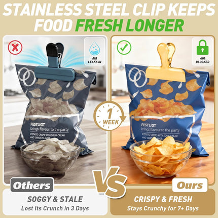 Chip Clips Bag Clips Gold Stainless Steel Clip for Food Storage,Air Tight Seal Chip Bag Clip 3 Inch Strong Food Clipp for Snack,Chips,Kitchen Decor,Home&Office Paper Heavy Duty-8 Pack.