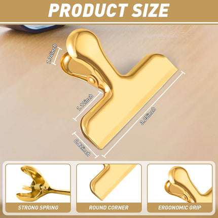Chip Clips Bag Clips Gold Stainless Steel Clip for Food Storage,Air Tight Seal Chip Bag Clip 3 Inch Strong Food Clipp for Snack,Chips,Kitchen Decor,Home&Office Paper Heavy Duty-8 Pack.