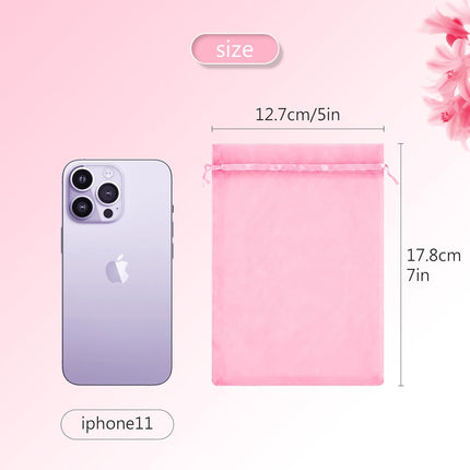 100 Pcs Pink Organza Bags 5x7 in, Small Mesh Drawstring Gift Bags for Sachet, Jewelry, Candy, Wedding Favor, Valentine's Day.