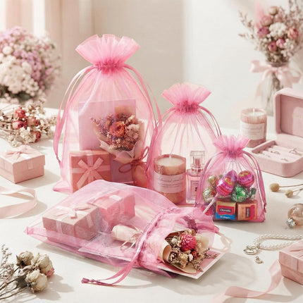 100 Pcs Pink Organza Bags 5x7 in, Small Mesh Drawstring Gift Bags for Sachet, Jewelry, Candy, Wedding Favor, Valentine's Day.